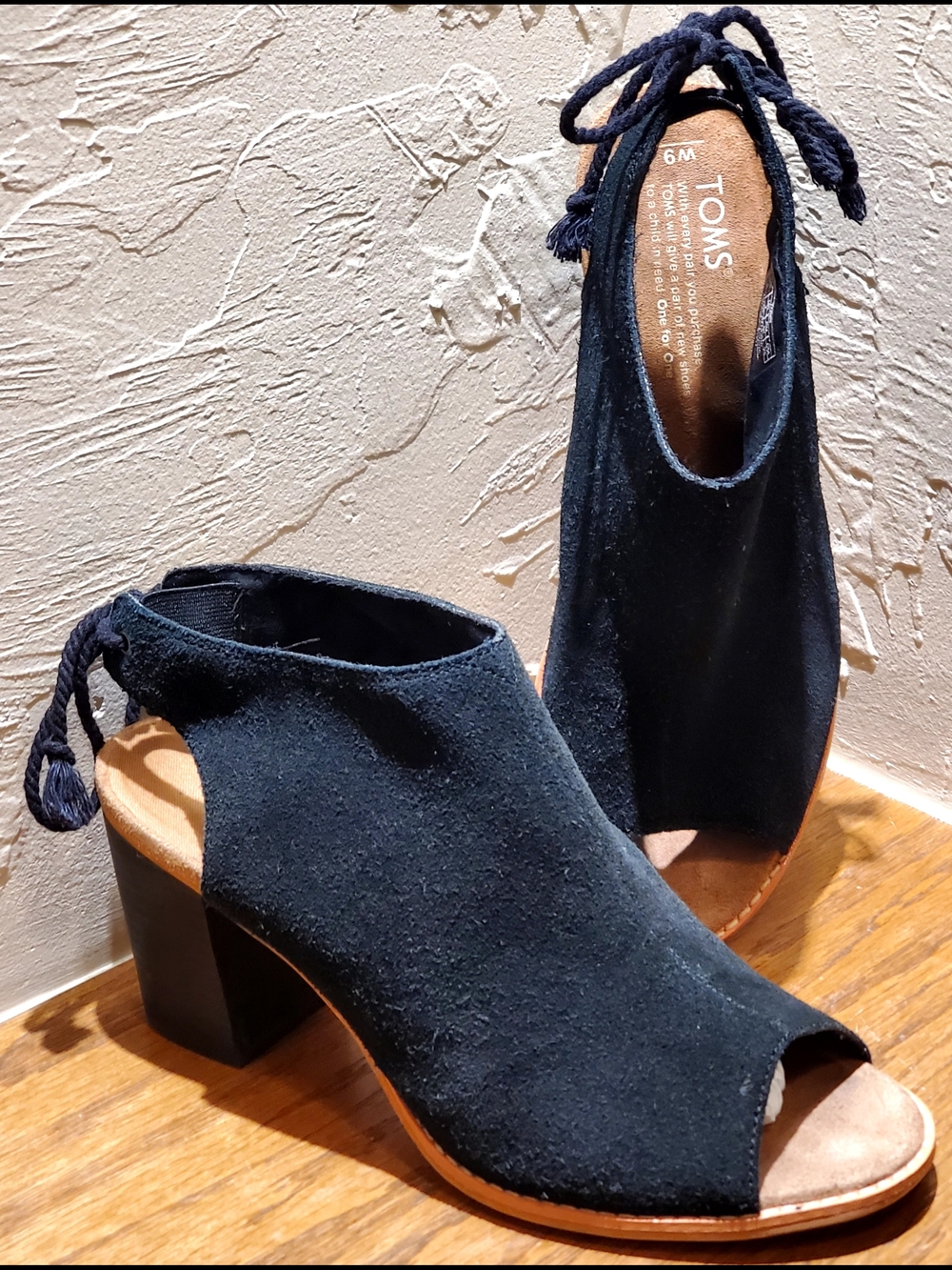 TOMS Black Suede Peep-Toe Block 3.25" Heel Sandals w/ Elastic And Tie Sling back